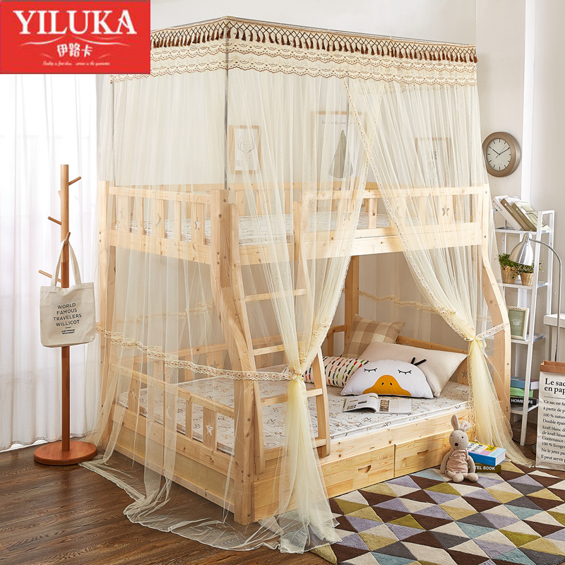 伊路卡 子母床蚊帐高低床上下铺儿童床双层床上下床蚊帐子 米黄 上铺0.9米（指内宽）-下铺通用