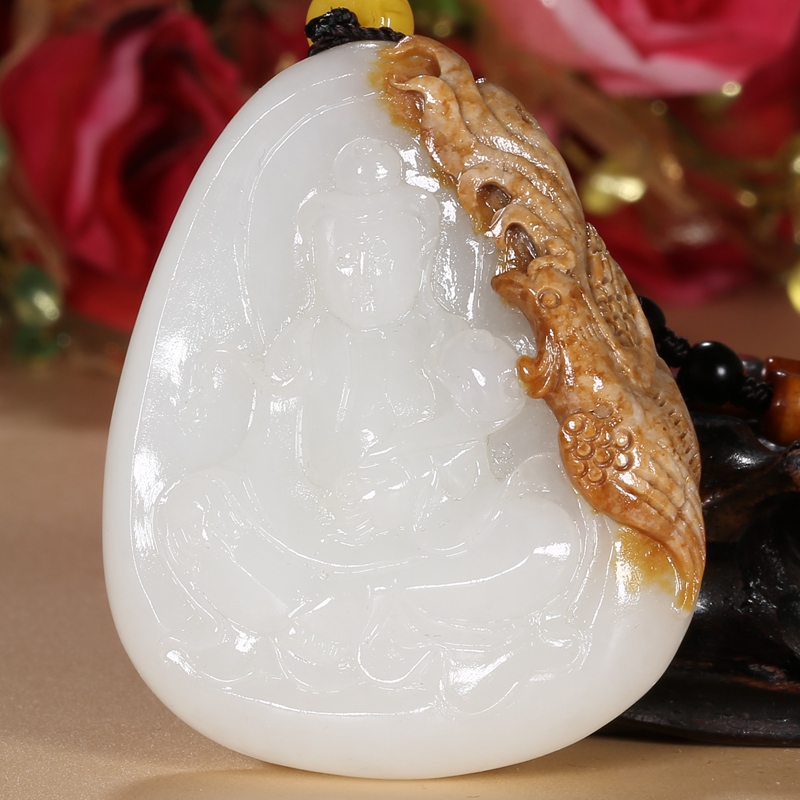 9玉雕名家崔疆胜作品 和田玉羊脂玉细糯高白观音挂件49.
