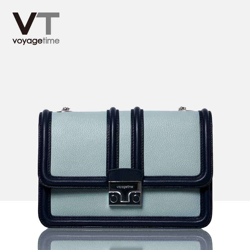 voyagetime 微缇时尚撞色真皮链条小方包头层牛皮斜挎包女包单肩挎包包VF5007 粉蓝