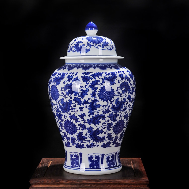 奋行陶瓷 礼品瓷 景德镇陶瓷花瓶 青花瓷仿古青花将军罐盖罐瓷器 大