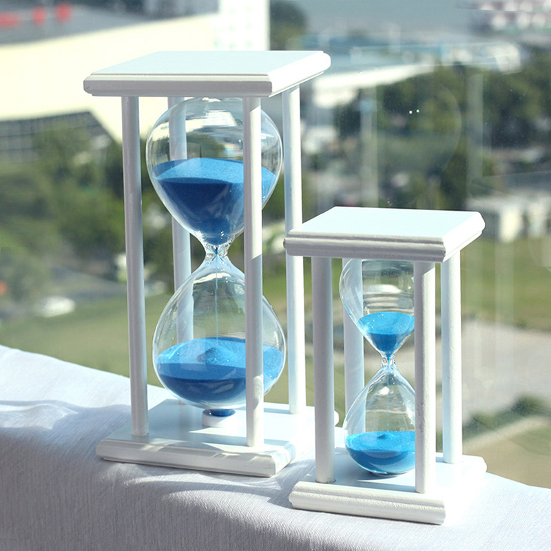 欧斯若 沙漏计时器30分钟 木质水晶玻璃工艺装饰摆件创意学生礼品儿童礼物 四柱沙漏15分钟白框蓝砂