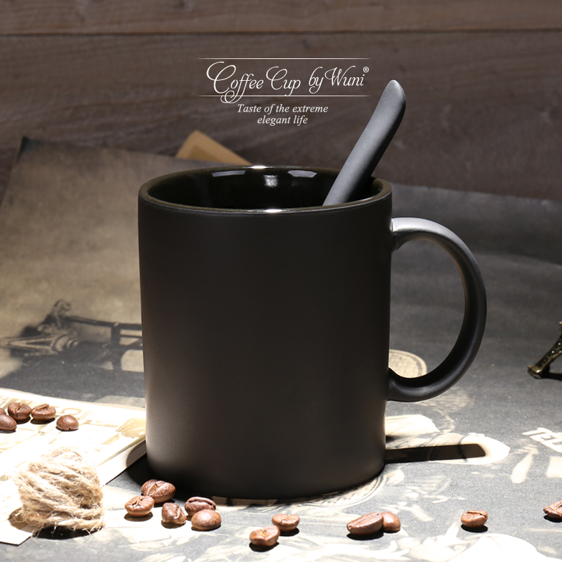 无泥（WUNI） 欧式磨砂黑色哑光马克杯带勺盖高档大容量陶瓷水杯子创意咖啡杯 黑色哑光马克杯 配盖勺