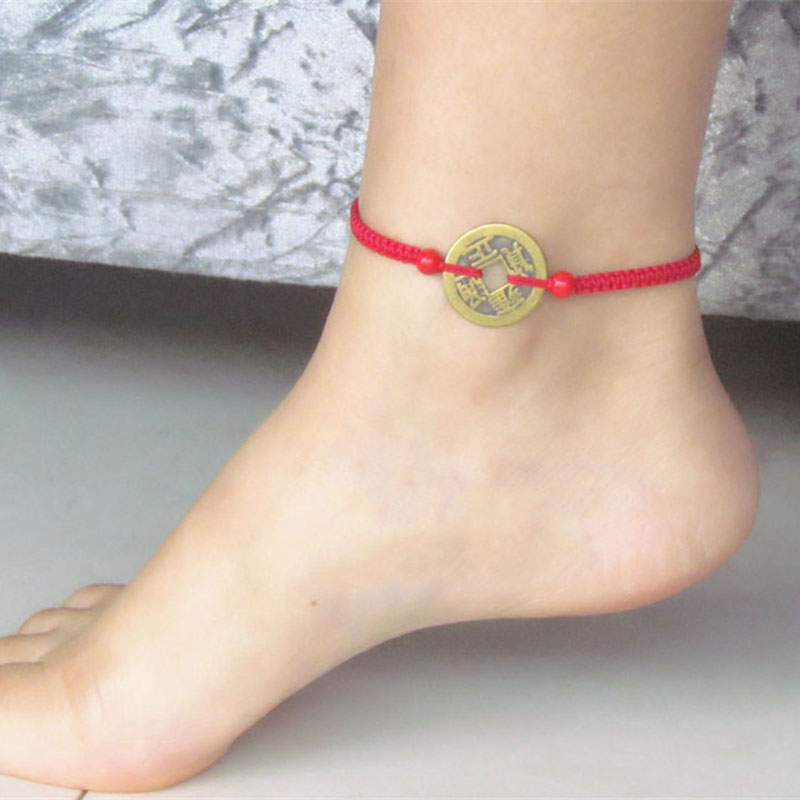 箴诺 男女红绳铜钱脚链本命年合成朱砂桃木脚绳转运珠时尚百搭日韩足