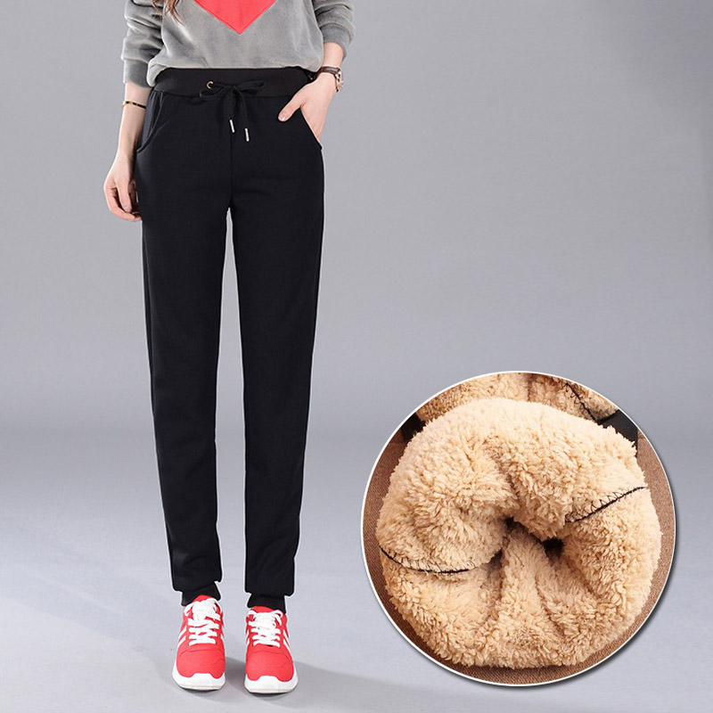 虎迹2025年加绒收口女冬季羊羔绒休闲裤跑步锻炼保暖运动长裤 黑色（光板款） XL（建议120斤左右）