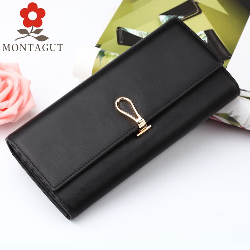梦特娇/MONTAGUT 女士钱包真皮长款三折式牛皮钱夹 多功能手拿包票夹 黑色