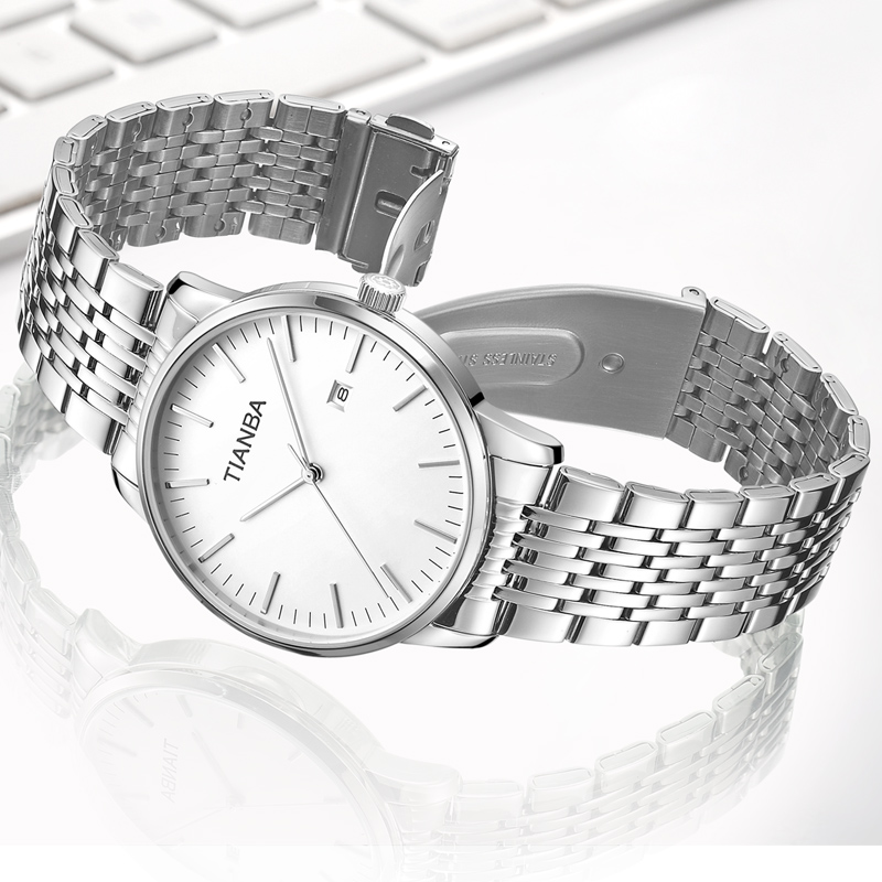 天霸手表男简约商务超薄男表钢带皮带石英表日历情侣手表3037 白盘钢带(男款)