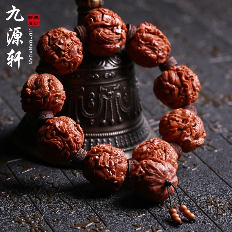 晶宇祥七夕节礼物天然野生核桃手串佛珠九龙戏珠苏工名家子凡核雕手持