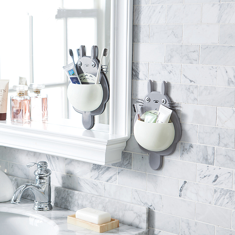 创意居家卫浴卡通龙猫牙刷架强力吸盘牙刷牙膏收纳置物架浴室吸壁式牙具座 灰色