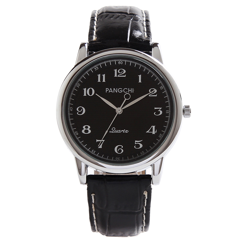 鹏志(pangchi)男表皮表带 清晰大数字刻度进口机芯中老年人石英手表