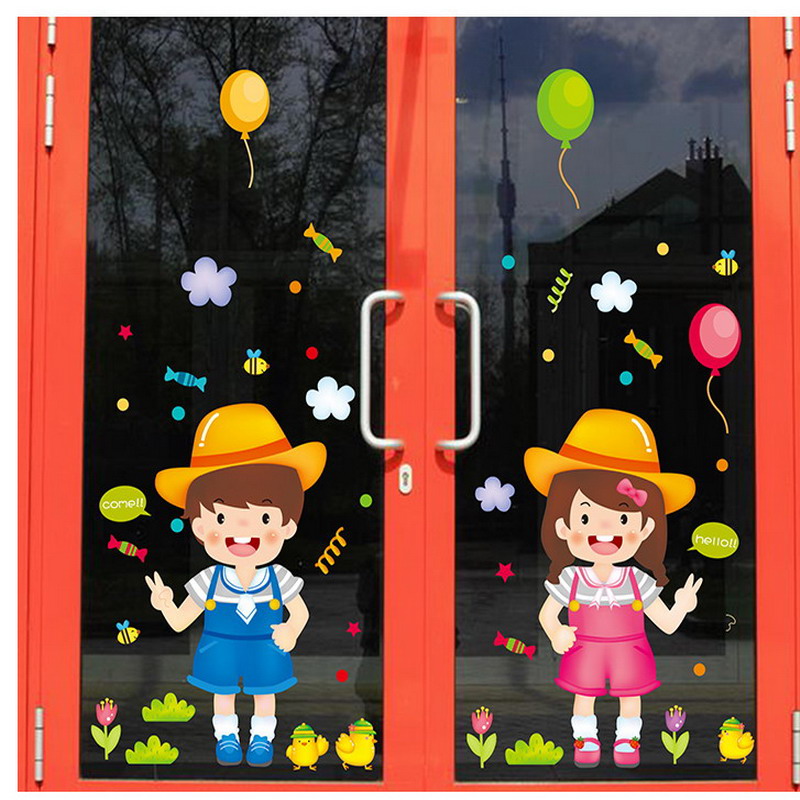 店铺橱窗玻璃贴纸 童装店贴画 卡通欢迎光临幼儿园教室布置门贴墙贴