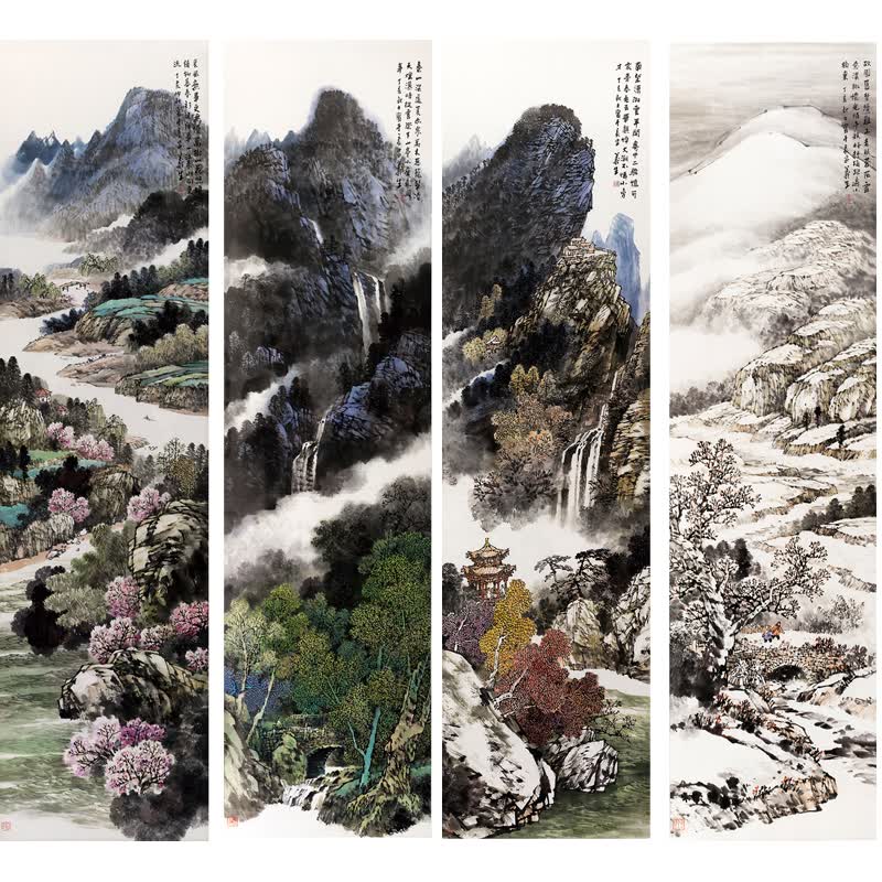 姿翰超高清微喷装饰画 春夏秋冬 四季山水四条屏 写意山水画国画 纸本