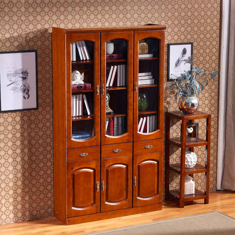 欧款全实木香樟木中式书柜转角书架自由组合带门玻璃书柜香樟木书柜