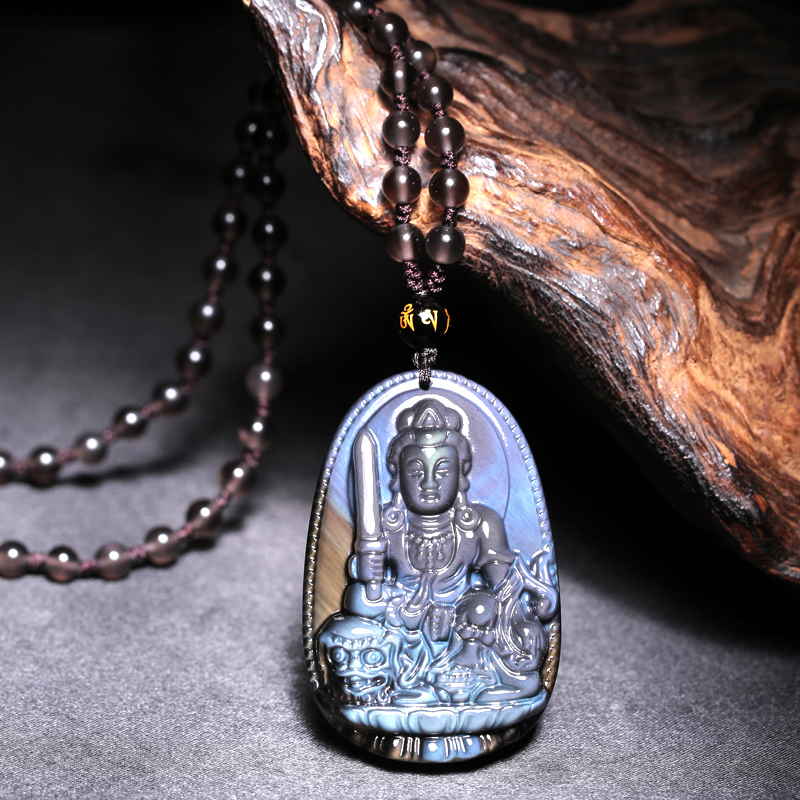 慈灵阁 蓝眼冰种黑曜石文殊菩萨本命佛吊坠生肖属兔守护神