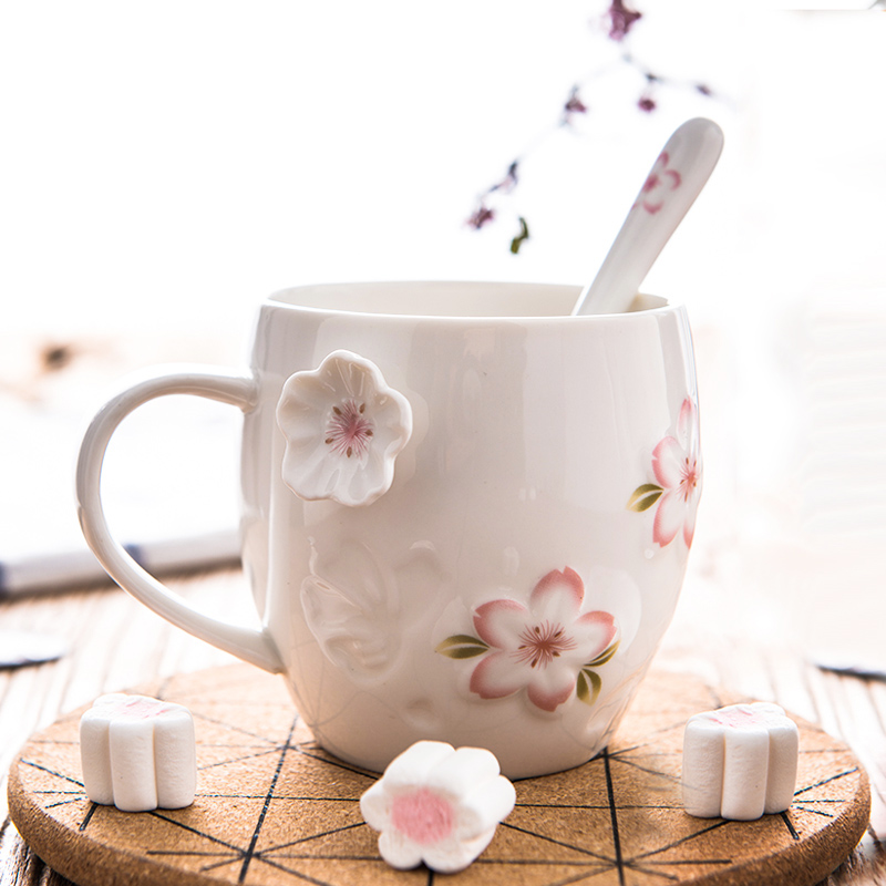 瓷魂 创意尚花马克杯带盖勺情侣立体水杯子陶瓷杯简约牛奶咖啡杯办公室 樱花杯 白色