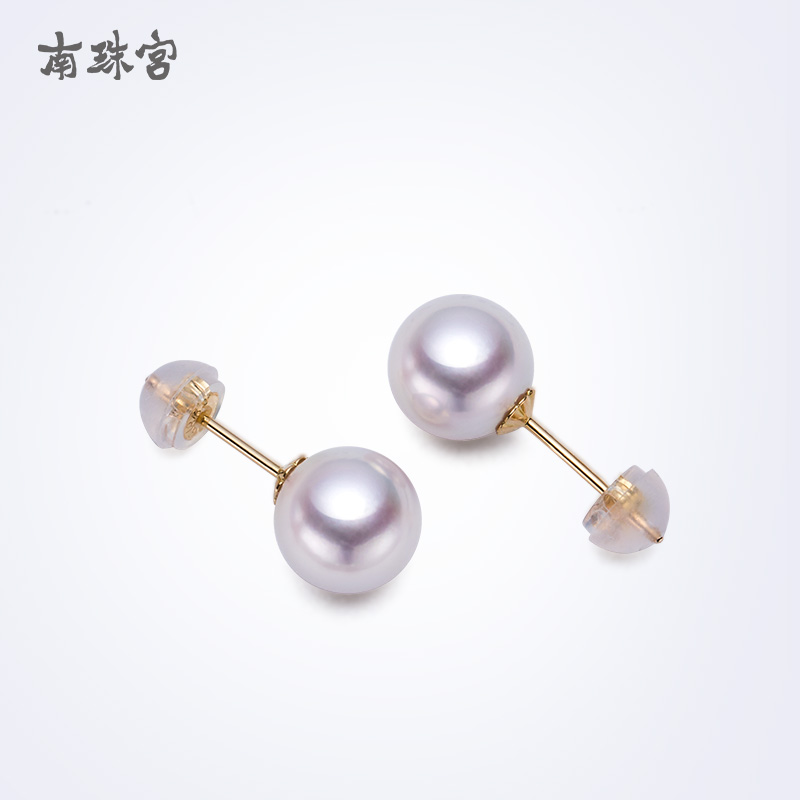 南珠宫 美丽信仰海水珍珠耳钉18k金合浦南珠白色正圆强光送女友送闺蜜