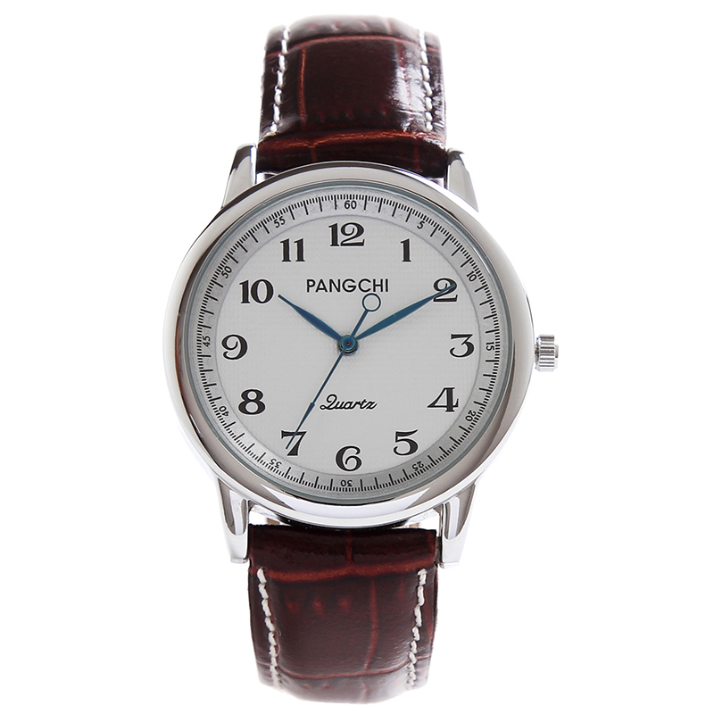 鹏志(pangchi)男表皮表带 清晰大数字刻度进口机芯中老年人石英手表