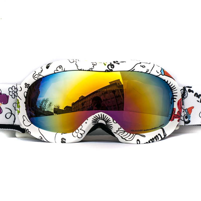 VOLOCOVER 儿童滑雪眼镜 双层防雾 防风 防紫外线 防雪地 可卡近视 可调节头带滑雪镜 眼镜 白花框
