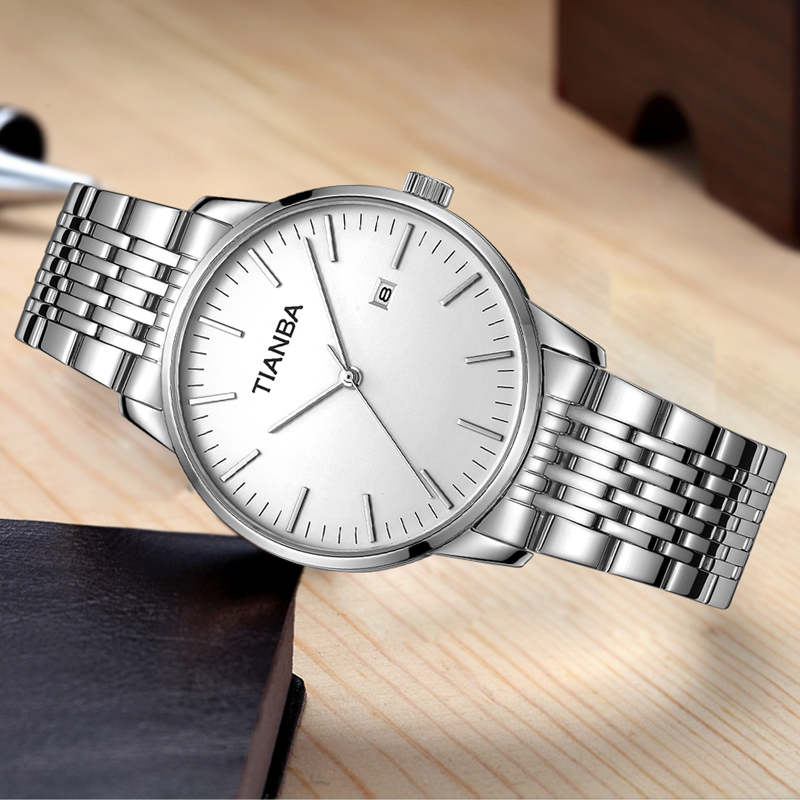 天霸手表男简约商务超薄男表钢带皮带石英表日历情侣手表3037 白盘钢带(男款)