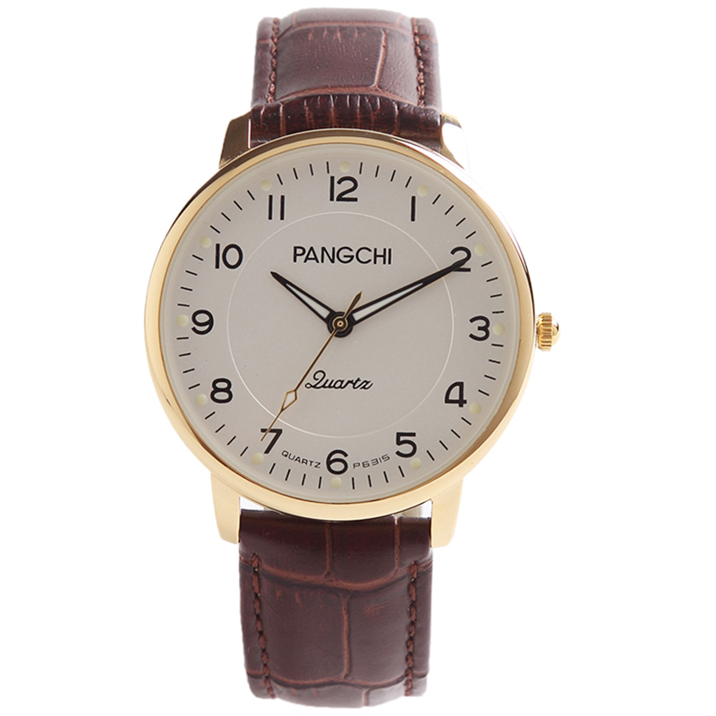 鹏志(pangchi)小牛皮表带手表 双日历皮带女表 进口2035金属机芯精准