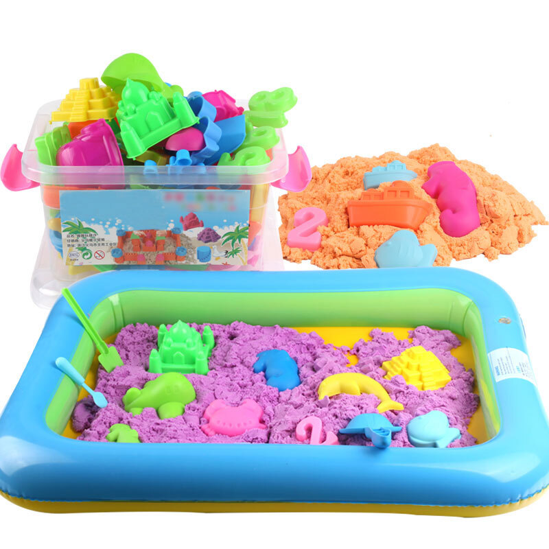 彩泥太空沙玩具套装 儿童 宝宝粘土彩沙魔力沙橡皮泥沙子 5斤桶装蓝色+58个模具+沙盘