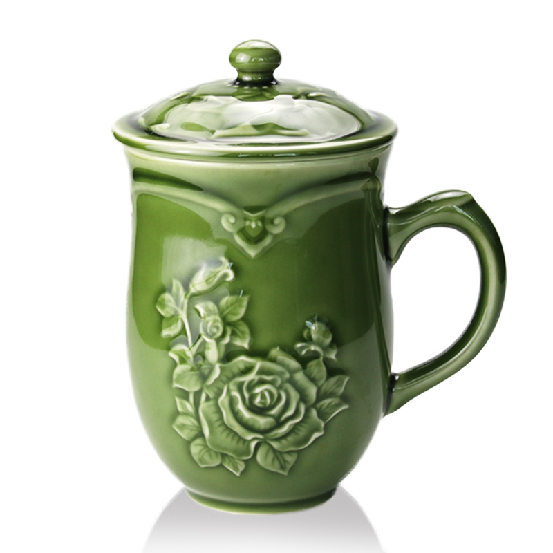 乾唐轩 官方授权活瓷杯 月季高杯办公杯老板杯陶瓷茶杯水杯子带盖送礼