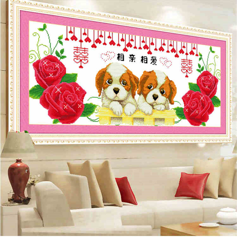 蒙娜丽莎印花十字绣两只小狗十字绣新款客厅卧室简约现代相亲相爱守望
