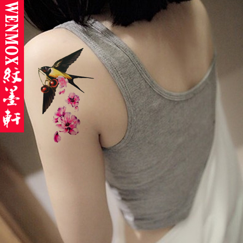 纹墨轩中国风燕子桃花臂纹身贴防水男古风写真女遮疤小清新仿真刺青