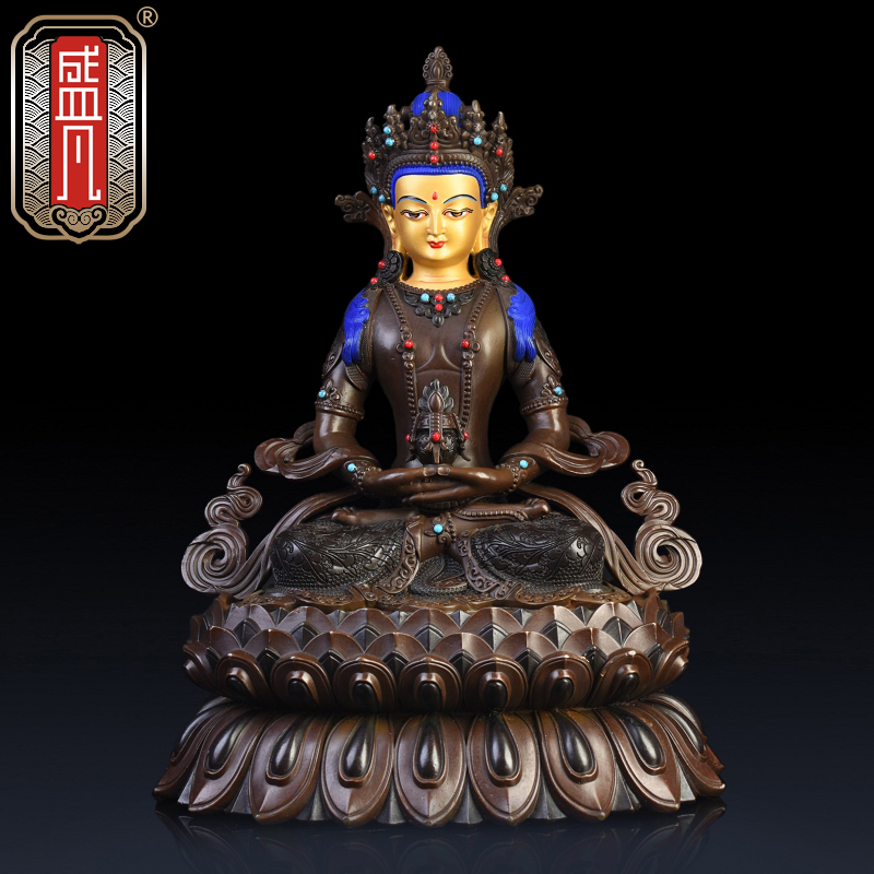盛凡 黄铜长寿佛 藏传佛教密宗无量寿佛佛像摆件尼泊尔工艺画脸 密宗