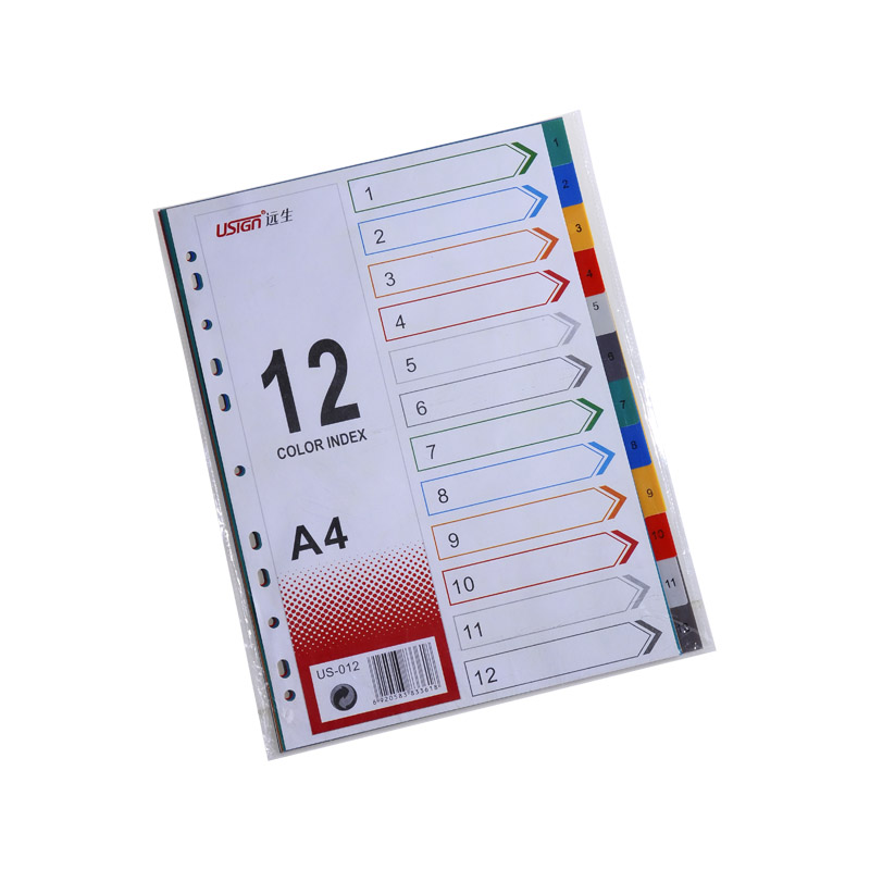 远生分页纸（USign）US-012彩色分类卡 12色分类卡 彩色索引纸 塑料隔页纸 11孔