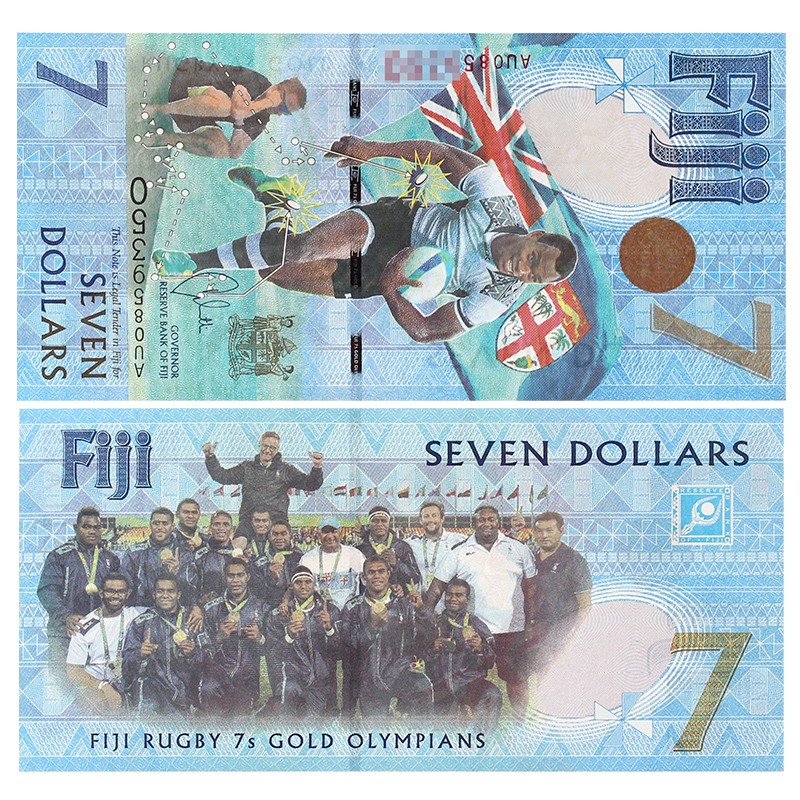 真典 大洋洲 2017年里约奥运橄榄球赛夺冠纪念钞斐济7元纸币全新 单张