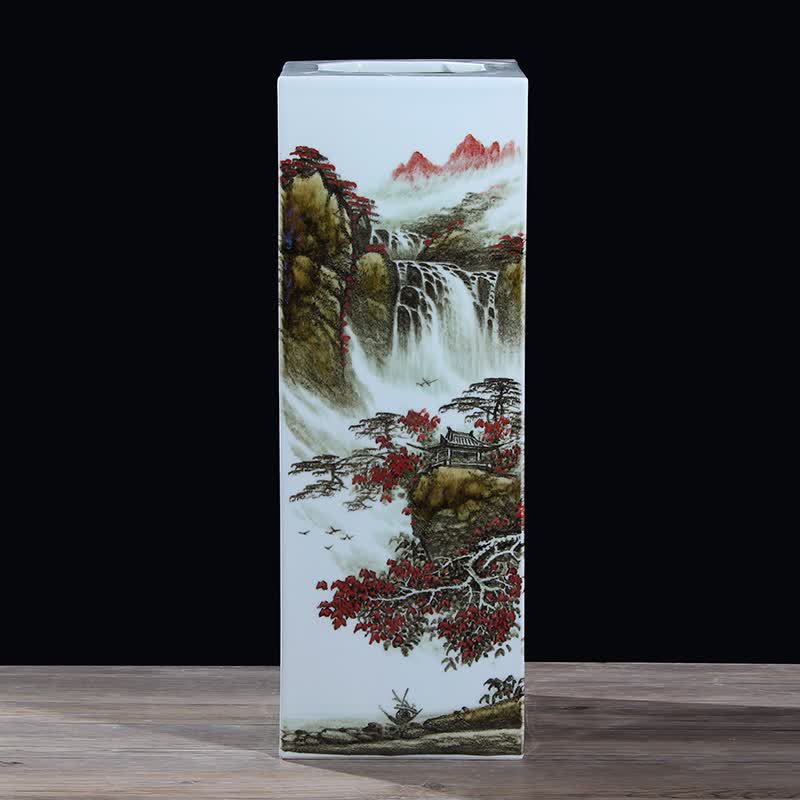 未卒景德镇名师手绘粉彩陶瓷山水画四方大号花瓶家居装饰工艺摆件
