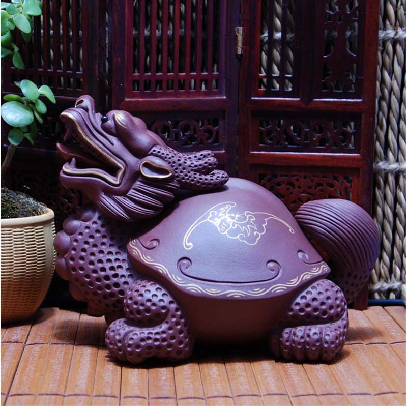 美典(meediea)宜兴紫砂龙龟摆件 高端茶宠 描金手工龙龟 精品茶玩雕塑