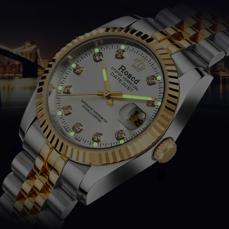 瑞士认证roacd劳莱斯顿手表男士防水机械表经典商务全自动土豪金表 间