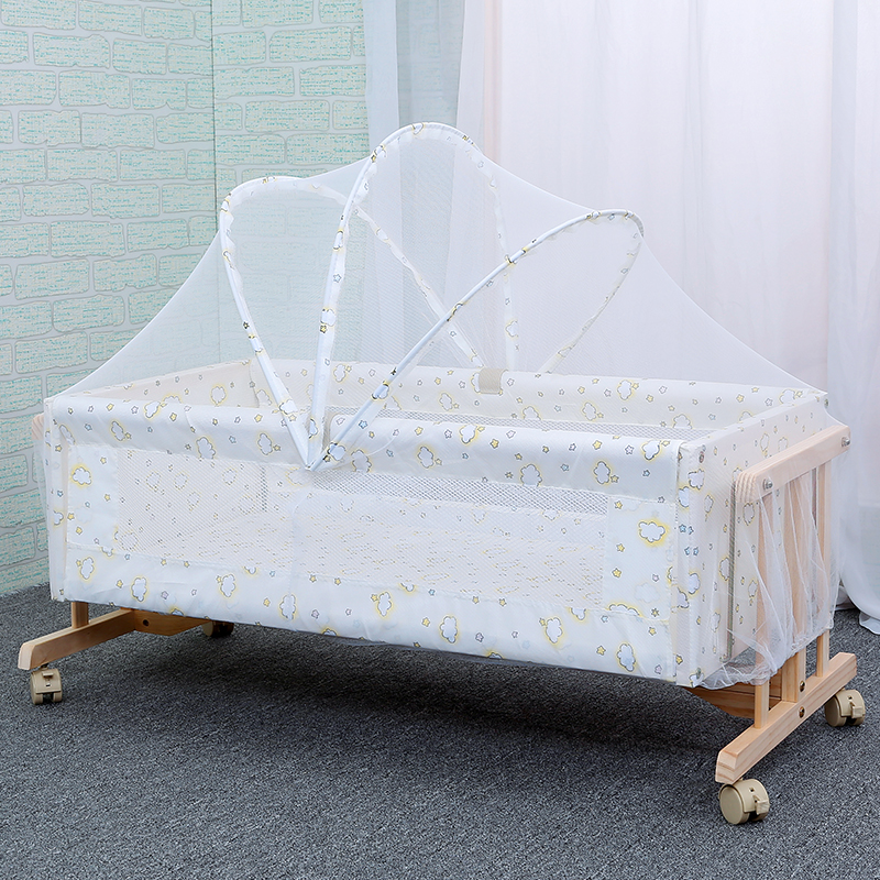 HUGBB 实木婴儿床宝宝工字摇篮摇床童床，带蚊帐，带脚轮