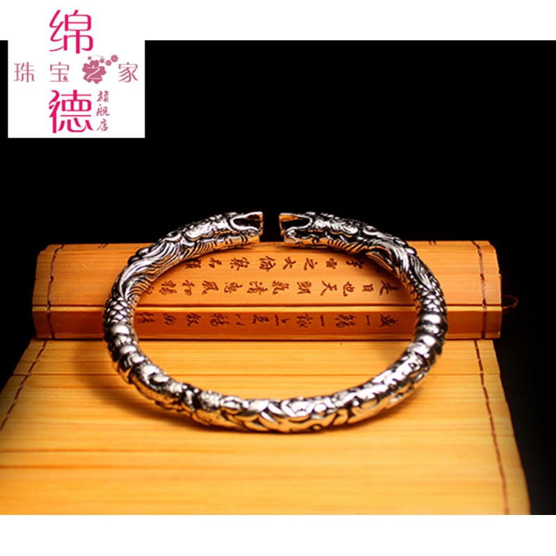 绵德复古手镯镀s925银单双响环手镯二响环手镯男士开口 老九门手镯