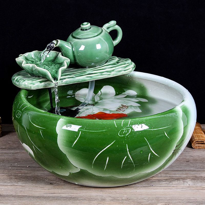 翼榀瓷缘 景德镇陶瓷鱼缸创意鱼盆乌龟缸 喷泉加湿器竹子流水造景鱼缸
