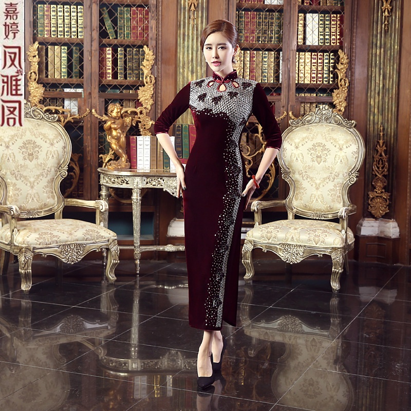 应否金丝绒旗袍长款中国风结婚礼服女新款妈妈装复古修身宴会高档晚礼服 枣红中袖 L怎么样,好用不?