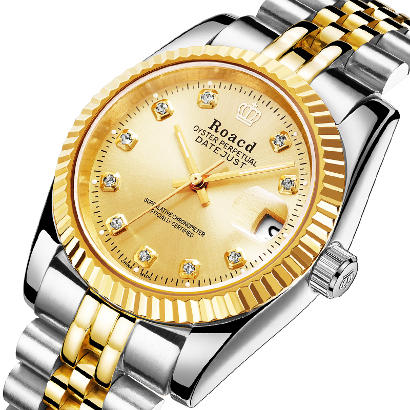 瑞士认证roacd劳莱斯顿手表男士防水机械表经典商务全自动土豪金表 间