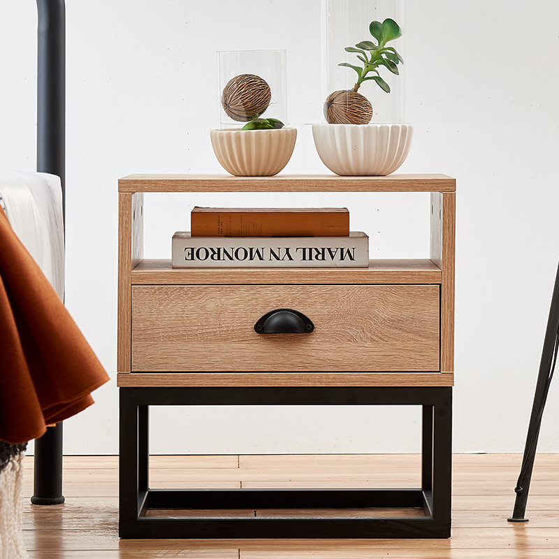 缦宛木简约北欧储物边几铁艺现代床头边柜床头柜 格板床头柜