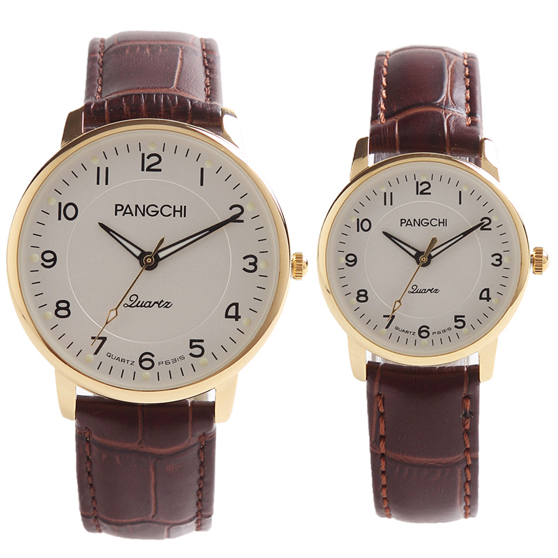 鹏志(pangchi)情侣手表一对 真皮表带2035金属机芯 精准走时夜光石英