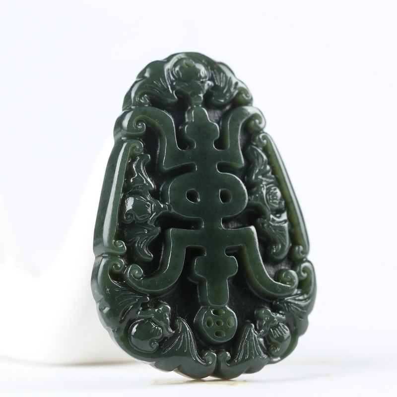 润艺 新疆和田玉五福捧寿吊坠 男女款青玉五福蝙蝠挂件玉牌项链 单面