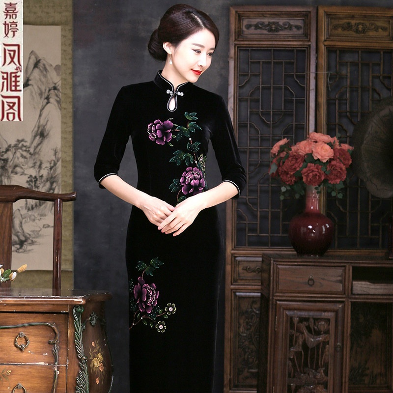 礼服女宴会丝绒旗袍长款手绘优雅时尚大码弹力连衣裙 黑色长款中袖 s