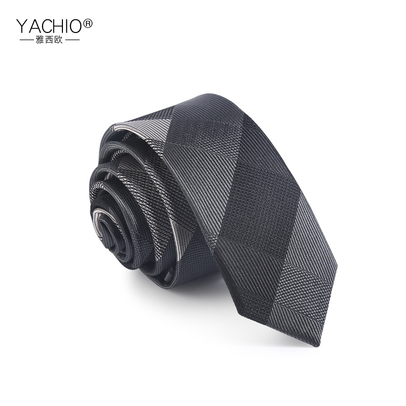 雅西欧男士真丝领带5cm桑蚕丝窄版小时尚商务正装韩版黑色细领带 真丝黑灰斜纹领带5cm