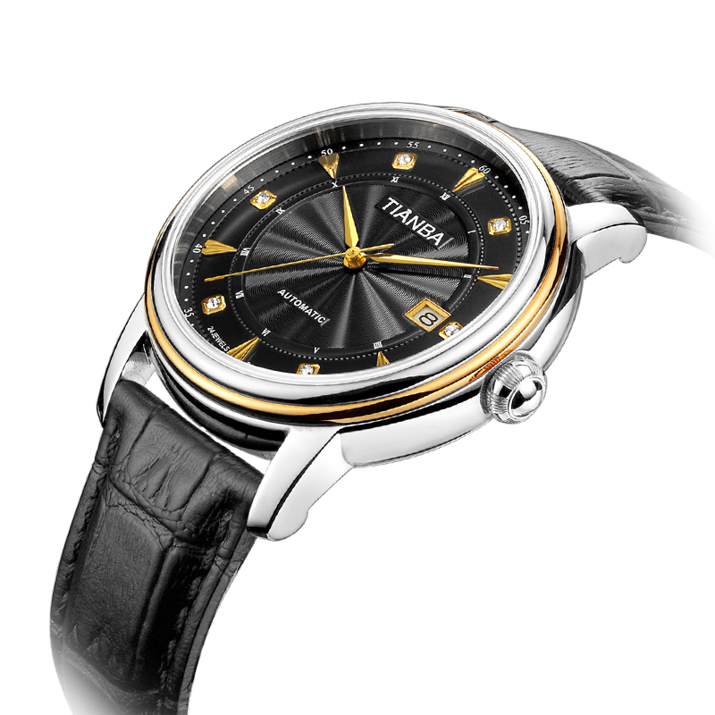 天霸(TIANBA)手表男士时尚休闲腕表真皮表带日历镶钻男表全自动机械男表TM8007 黑色 TM8007.01PK