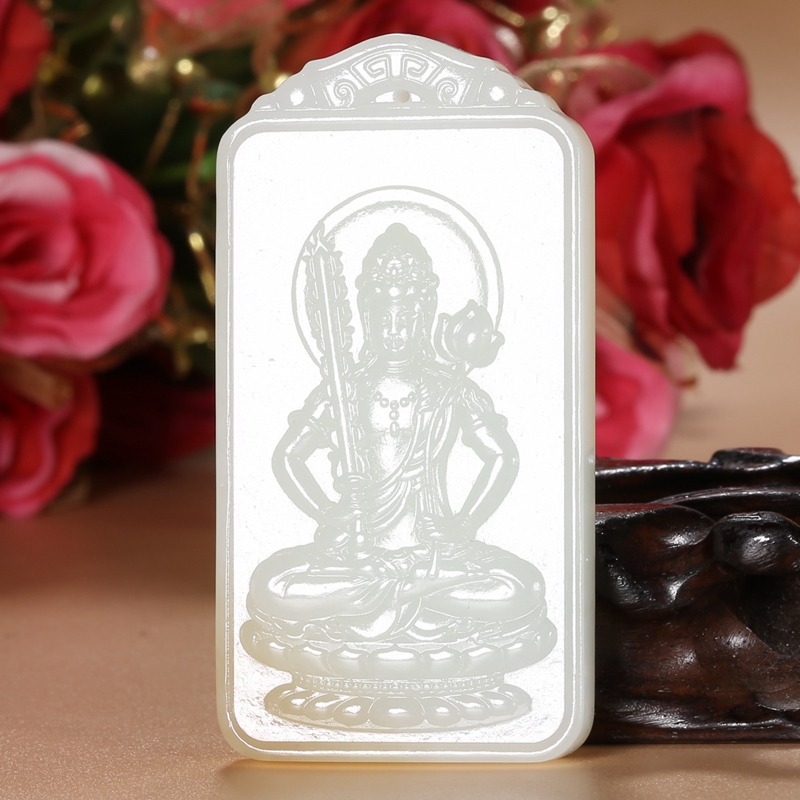 苏州玉雕大师万子涵作品 新疆和田玉且末料白玉观音守护神玉牌吊坠男