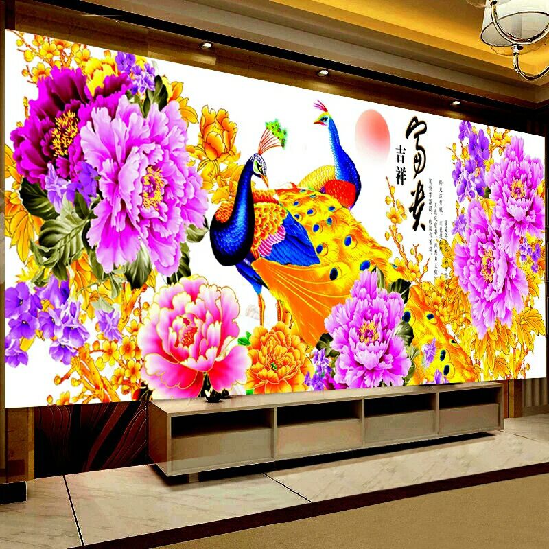 kecss2024新款印花手工十字绣客厅牡丹花开富贵富贵吉祥孔雀线绣自己