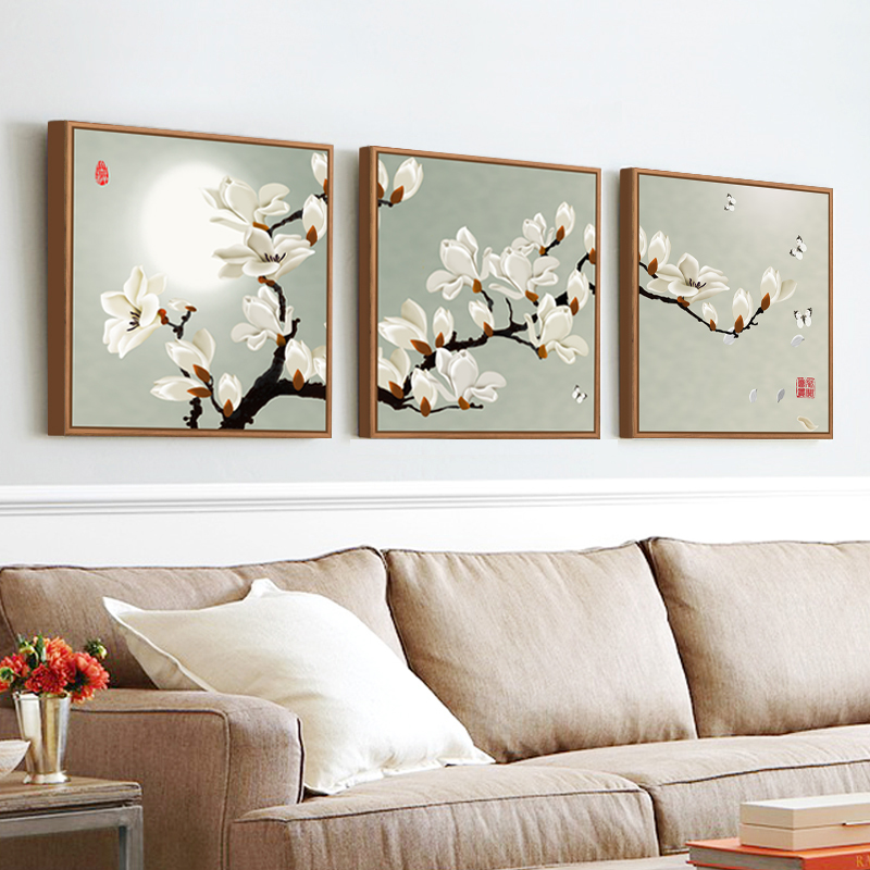 视觉星 客厅装饰画书房玄关卧室床头挂画清新白玉兰中式壁画 木色细框