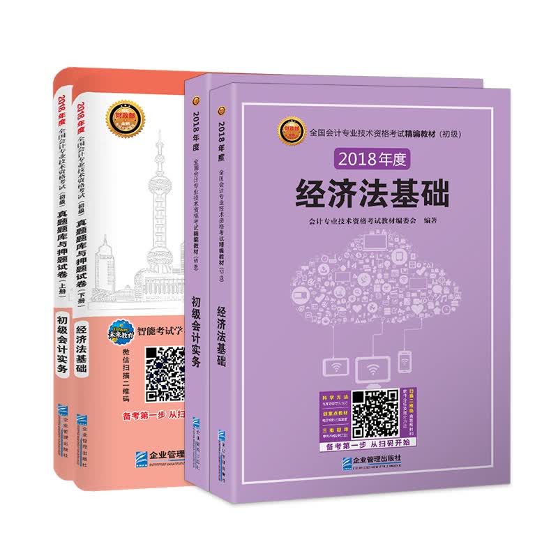 备考2019 2018年.全国会计职称初级会计考试精编教材和真题试卷：初级会计实务+经济法基础（套装共4册）
