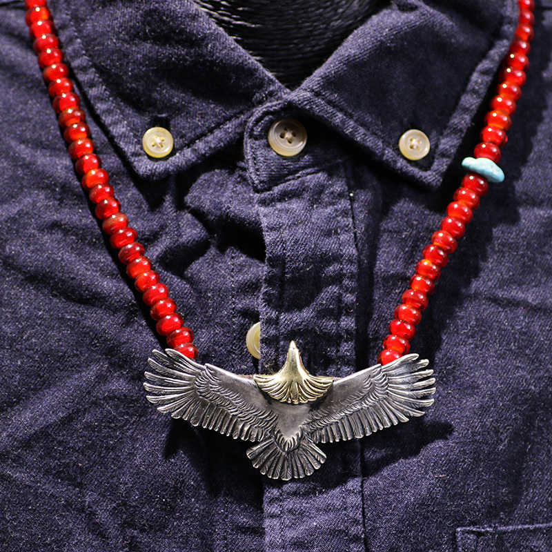 凡丘珠宝 手作 925银高桥吾郎 大号老鹰 大鹰吊坠银珠项链套装 铜头大