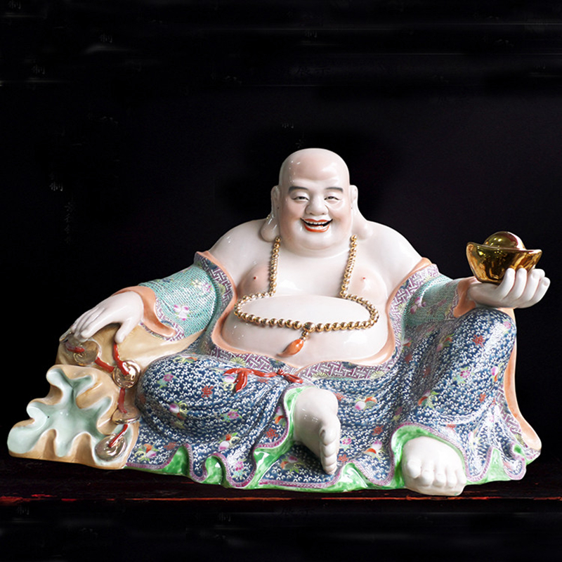 示优景德镇陶瓷器高档雕塑手绘描金弥勒佛佛像瓷雕艺术品供奉摆件